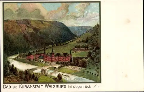 Litho Walsburg Eßbach Thüringen, Blick auf Bad und Kuranstalt, Fluss, Brücke, Wald