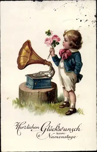 Ak Glückwunsch Namenstag, Junge mit Blumen, Grammophon