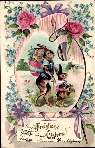 Präge Litho Glückwunsch Ostern, Osterhase mit Kind, Ostereierkorb, Farbpalette