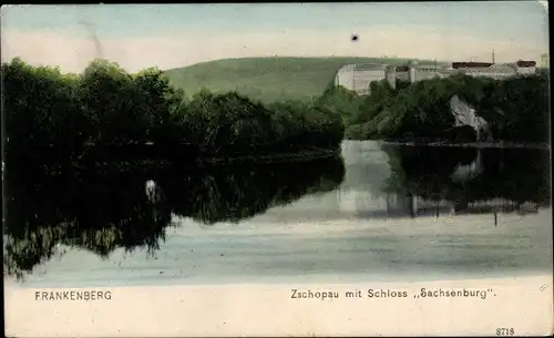 Ak Frankenberg an der Zschopau Sachsen, Schloss Sachsenburg vom Fluss gesehen