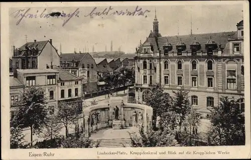 Ak Essen im Ruhrgebiet, Limbecker Platz, Kruppdenkmal, Blick auf Krupp´schen Werke