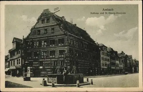 Ak Ansbach in Mittelfranken Bayern, Rathaus, St. Georg Brunnen
