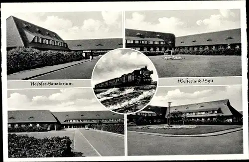 Ak Westerland auf Sylt, Nordsee Sanatorium, Lokomotive, Gebäudekomplex