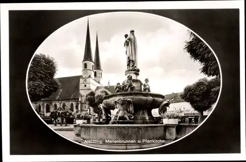 Passepartout Ak Altötting in Oberbayern, Marienbrunnen, Pfarrkirche