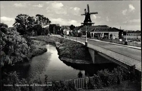 Ak Norden Ostfriesland, Deichmühle, Mühlenbrücke