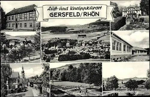 Ak Gersfeld in der Rhön Hessen, Rathaus, Marktplatz, Schwimmbad, Rhönschule, Sanatorium