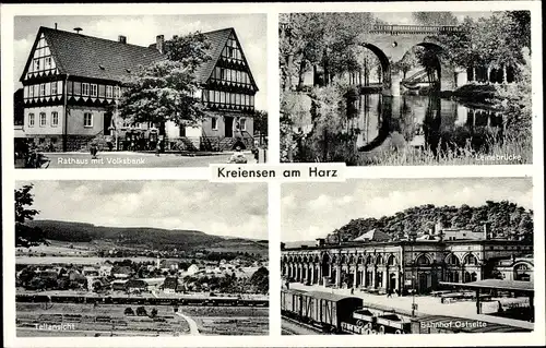 Ak Kreiensen Einbeck, Leinebrücke, Rathaus mit Volksbank, Bahnhof Ostseite