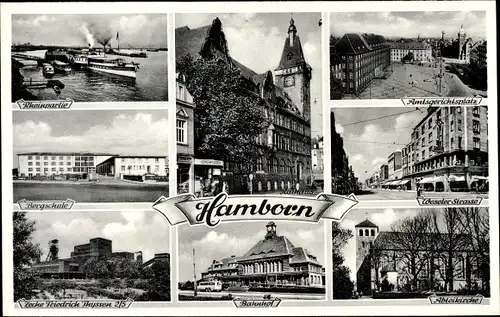 Ak Hamborn Duisburg im Ruhrgebiet, Rathaus, Abteikirche, Bhf, Bergschule, Zeche Friedrich Thyssen