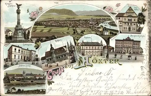 Litho Höxter an der Weser, Kriegerdenkmal, Gymnasium, Schloss Corvey, Baugewerkschule, Tilly Haus