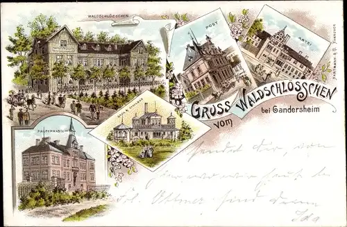 Litho Bad Gandersheim in Niedersachsen, Waldschlösschen, Post, Abtei, Progymnasium