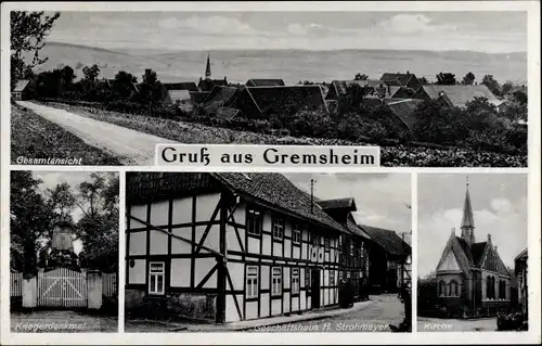 Ak Gremsheim Bad Gandersheim in Niedersachsen, Geschäftshaus, Kriegerdenkmal, Kirche