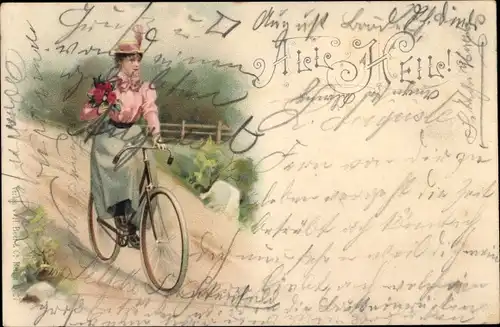 Litho All Heil, Dame mit Blumenstrauß auf einem Fahrrad