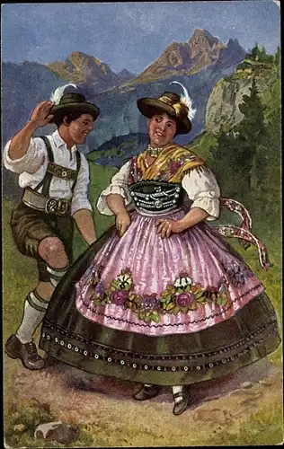 Künstler Ak Paar in bayrischen Trachten beim Schuhplattler