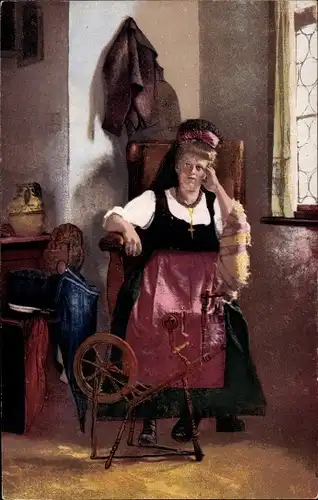 Künstler Ak Frau in Thüringer Tracht am Spinnrad