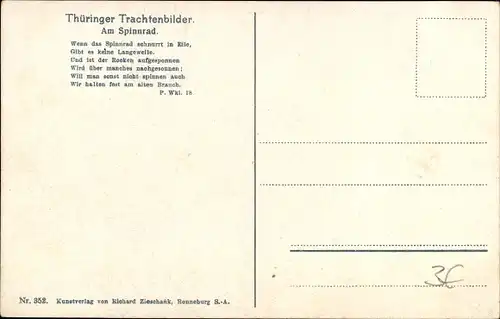 Künstler Ak Frau in Thüringer Tracht am Spinnrad