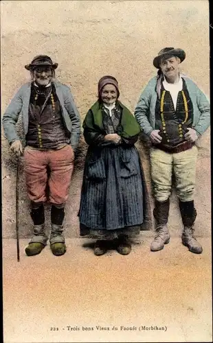 Ak Morbihan, Zwei Männer und eine Frau in bretonischen Trachten