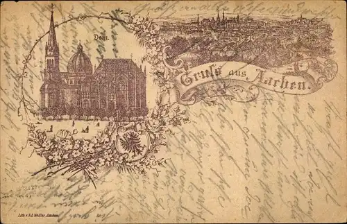 Litho Aachen in Nordrhein Westfalen, Dom, Blick auf den Ort