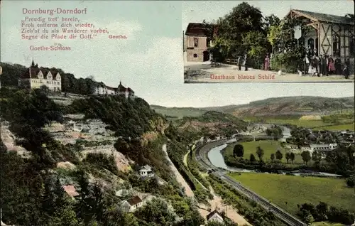 Ak Dornburg Dorndorf Camburg in Thüringen, Gasthaus blaues Schild, Goethe Schloss