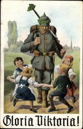 Künstler Ak Gloria Viktoria, Kinder tanzen um einen Soldaten