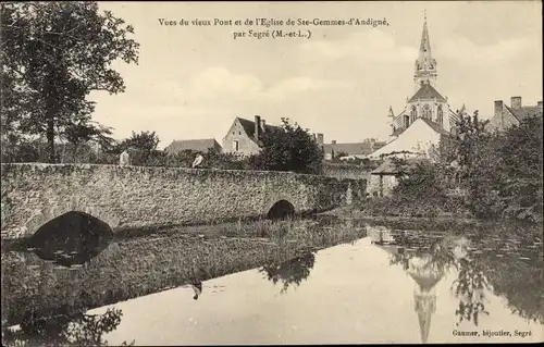 Ak Sainte Gemmes d'Andigné Maine et Loire, Vues du vieux Pont et de l'Eglise