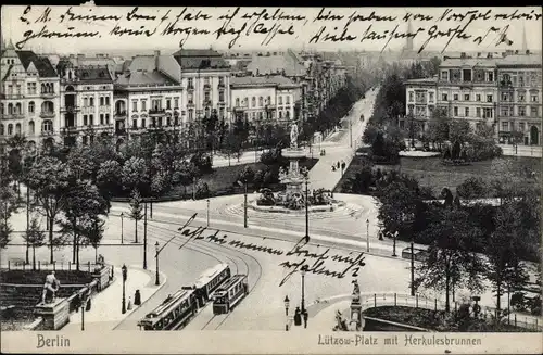 Ak Berlin Tiergarten, Blick auf den Lützowplatz mit Herkulesbrunnen, Häuser, Straßenbahn