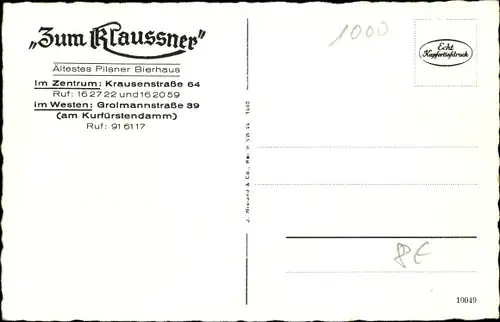 Ak Berlin Mitte, Bierhaus Zum Klaussner, Krausenstraße 64, Grolmannstraße 39