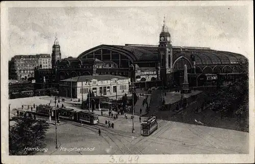 Ak Hamburg, Blick auf den Hauptbahnhof, Straßenbahnen