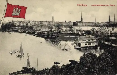 Ak Hamburg Altstadt, Lombardsbrücke mit Stadt, Fahne