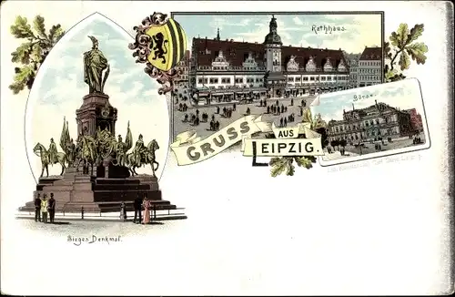 Litho Leipzig, Siegesdenkmal, Wappen, Rathaus, Börse