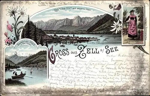 Litho Zell am See in Salzburg, Totalansicht, Kitzsteinhorn, Pinzgauer Volkstracht, Steinerne Wand