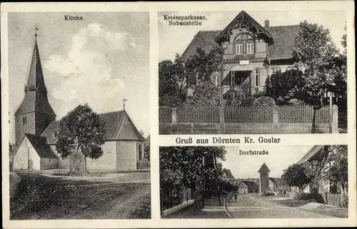 Ak Dörnten Liebenburg am Harz, Kreissparkasse, Nebenstelle, Kirche, Dorfstraße