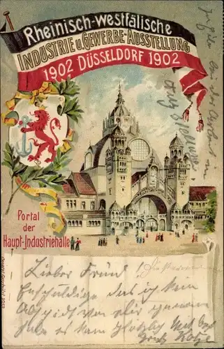 Wappen Litho Düsseldorf, Industrie u. Gewerbeausstellung 1902, Portal der Hauptindustriehalle