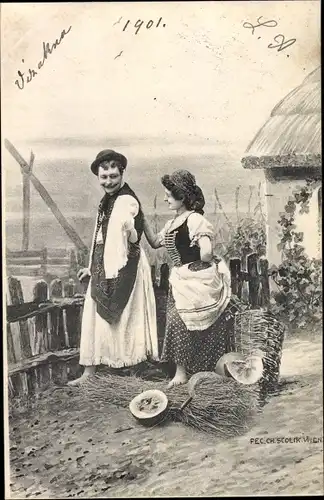 Ak Paar in ungarischen Volkstrachten, Fotograf Charles Scolik