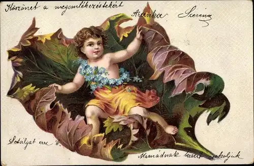 Litho Kind auf einem Herbstblatt, Allegorie