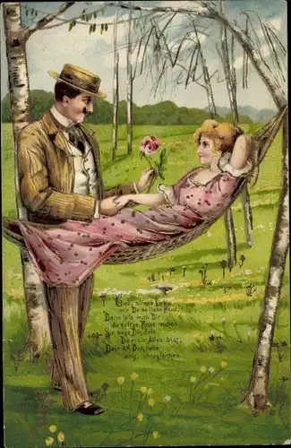 Präge Litho Frau auf einer Hängematte, Mann mit Rose, Liebespaar