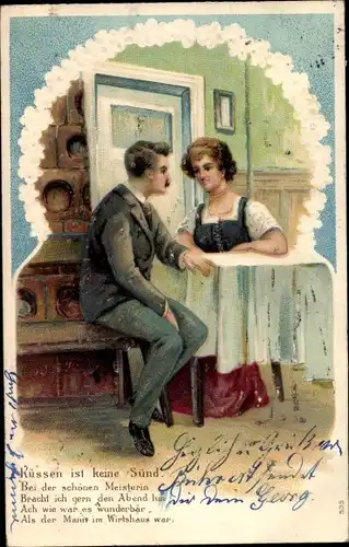 Präge Litho Küssen ist keine Sünd, Amor, Mann und Frau am Tisch