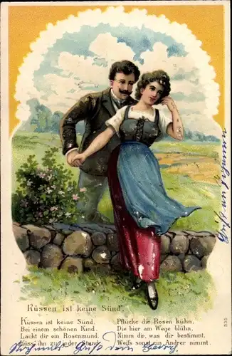 Präge Litho Küssen ist keine Sünd', Liebespaar auf einem Feld