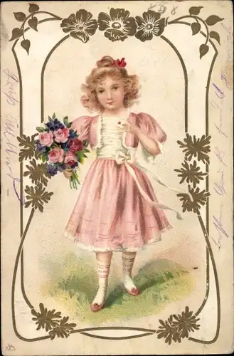 Präge Litho Mädchen in rosa Kleid mit Blumenstrauß
