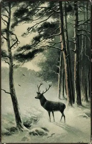 Künstler Ak Landschaft mit Hirsch