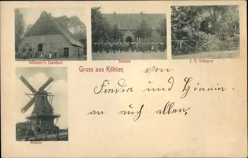 Ak Köhlen Geestland, Windmühle, Schule, Scheper's Gasthof