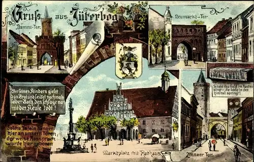 Künstler Ak Jüterbog in Brandenburg, Dammtor, Neumarktor, Markt, Rathaus, Zinnaer Tor, Wappen