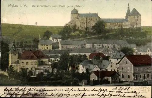 Ak Mylau Reichenbach im Vogtland, Kaiserschloss und Post von Osten