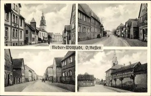 Ak Nieder Wöllstadt in Hessen, Straßenpartien, Geschäftshäuser, Kirche, Gasthaus Zum Gambrinus