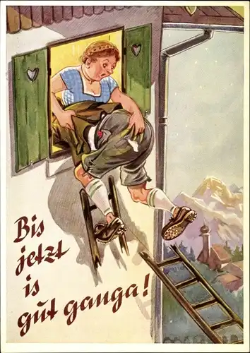 Künstler Ak Bis jetzt is gut ganga, Mann fensterlt, Liebhaber