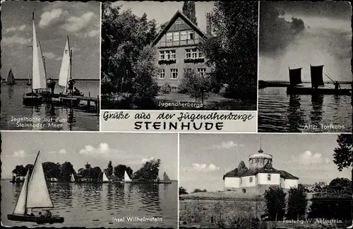 Ak Steinhude Wunstorf in Niedersachsen, Jugendherberge, Segelboote, Alter Torfkahn, Insel Wilhelmst.