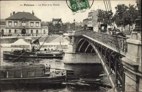 Ak Puteaux Hauts de Seine, Le Pont et la Mairie