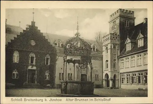 Ak Itzehoe in Schleswig Holstein, Schloss Breitenburg mit Brunnen, Rankenbewuchs