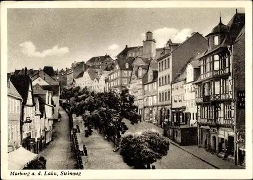 Ak Marburg an der Lahn, Partie im Steinweg, Fachwerkhaus, Geschäfte