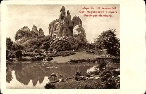 Ak Hamburg Eimsbüttel Stellingen, Carl Hagenbecks Tierpark, Felspartie mit Wasserfall