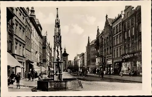 Ak Elbląg Elbing Westpreußen, Alter Markt, Brunnen, Geschäfte